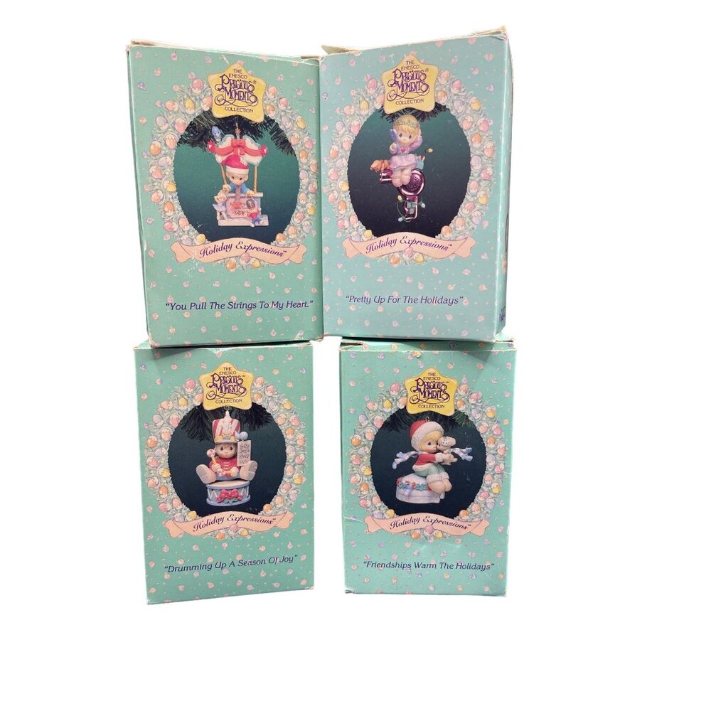 NIB Vtg. Enesco  Set of 4 Precious Moments Holiday Expressions Christmas Ornamen